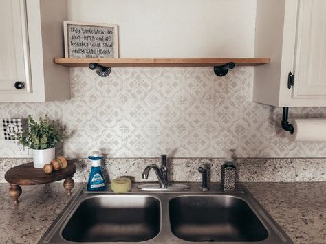 Peel And Stick Wallpaper As Backsplash, Backsplash Over Sink, Diy Kitchen Backsplash Cheap, Stenciled Backsplash, Sheetrock Texture, Wallpaper Backsplash Kitchen, Backsplash Kitchen Ideas, Above Kitchen Sink, Countertop Backsplash