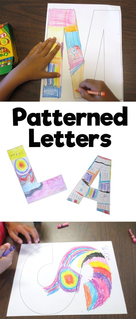 Patterned Letters Art Project Homeschool Art Projects, Art Elementary, Art Education Projects, First Grade Art, Kindergarten Art Lessons, Art Education Lessons, Kindergarten Art Projects, Kindergarten Crafts, Elementary Art Projects