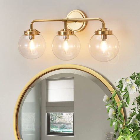 Bathroom Lights Above Mirror, Gold Bathroom Fixtures, Gold Bathroom Vanity Light, Gold Bathroom Vanity, Bathroom Vanity Light Fixtures, Modern Bathroom Light Fixtures, Farmhouse Vanity Lights, Mid Century Farmhouse, Modern Bathroom Vanity Lighting