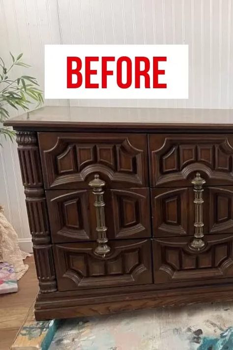 Chunky Dresser Makeover, Vintage Bedroom Furniture Makeover, Drexel Dresser Makeover, 1970s Dresser Makeover, Mediterranean Furniture Makeover, 70s Bedroom Furniture Makeover, Chalk Painted Dresser Ideas, 1980s Dresser Makeover, Dresser With Doors Makeover