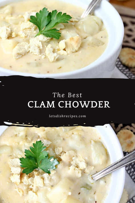 The Best Clam Chowder Recipe -- This hearty, creamy chowder is loaded with clams, potatoes, green peppers, celery and seasoning. The secret is the baked roux, which makes this classic chowder extra thick and delicious. Fresh Clam Chowder Recipe, Chunky Clam Chowder Recipe, Thick Clam Chowder, Clam Chowder Recipe New England, Vegan Clam Chowder Recipe, Reuben Soup, Healthier Clam Chowder, Best Clam Chowder Recipe, Bisque Recipes