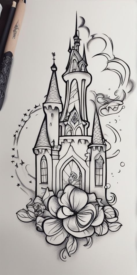 Explore this image brimming with delightful Disney tattoo ideas! It showcases a variety of whimsical designs from classic Disney characters to iconic symbols. A charming way to keep the Disney magic close by at all times! Ideal for any Disney lovers considering inking. Neuschwanstein Castle Tattoo, Princess Castle Tattoo, Disney Tattoo Stencil Outline, Big Disney Tattoos, Disney Character Tattoos Ideas, Disney Tattoo Stencils, Tattooed Disney Characters, Disney Floral Tattoo, Disney Mandala Tattoo