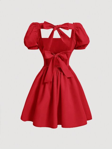 Solid Color Back Tie Bowknot Short Puff Sleeve Elegant Women's Dress Red Casual  Short Sleeve Woven Fabric Plain A Line Non-Stretch  Women Clothing, size features are:Bust: ,Length: ,Sleeve Length: Red Elegant Dress Short, Short Puff Sleeve, Elegant Dresses For Women, Dress For Short Women, Kids Beachwear, Ruby Red, Elegant Woman, Aesthetic Food, Holiday Outfits