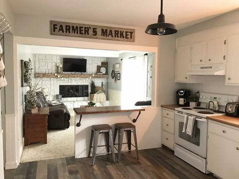 Single Wide Trailer Kitchen, Old Single Wide Trailer Remodel, Double Wide Kitchen Remodel, Single Wide Mobile Home Remodel, Barndo Interior, Single Wide Trailer Remodel, Single Wide Remodel, Trailer Makeover, Kitchen Pass