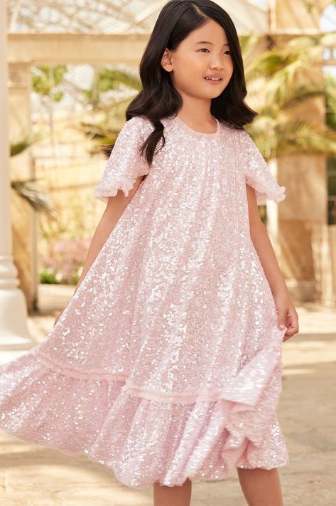 Sequin Kids Dress, Long Sleeve Kids Dress, Brown Packaging, Trapeze Silhouette, Voluminous Skirt, Full Tulle Skirt, Girls Lace Dress, Dresses For Girls, Long Sleeve Kids