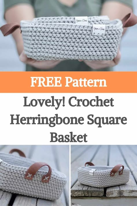 Crochet Flat Basket Pattern Free, Crochet Square Baskets Free Patterns, Rectangle Crochet Basket Pattern Free, Crochet Basket Pattern Free Rectangle, Square Crochet Basket Pattern Free, Crochet Square Basket Pattern Free, Crochet Baskets Free Patterns Storage, Square Crochet Basket, Crochet Herringbone