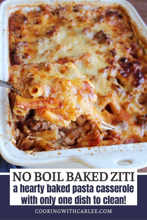 Enjoy all of the goodness of baked ziti with a fraction of the prep work! You don't have to boil the noodles or brown the meat, just layer it up and bake it to perfection. Easy Party Side Dishes, Italian Pasta Bake, Baked Pasta Casserole, Italian Casserole, Easy Baked Ziti, What Is For Dinner, Baked Ziti Recipe, Italian Sausage Pasta, Baked Dinner