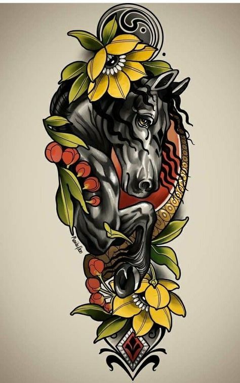 Colored Neo Traditional Tattoo, Neo Trad Horse Tattoo, Neo Traditional Animal Tattoo Design, Neotraditional Horse Tattoo, Neo Traditional Horse Tattoo, Neo Trad Animal Tattoo, New School Animal Tattoo, Neo Traditional Art Sketches, Chest Tattoo Traditional