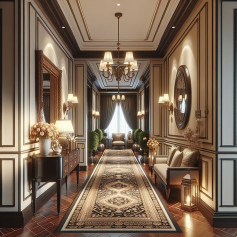 The hallway should have features such as dark wooden furniture, cream-colored walls adorned with vintage decorative items, and polished wooden floors. Include elements like a vintage mirror, sconces, heavy curtains, and patterned runner rugs to highlight the Colonial touch. The lighting should create a warm and inviting atmosphere, enhancing the architectural detailing such as crown molding and chair rails. This image should potentially serve as the basis for an interior remodeling project. Mansion Hallway, Decorative Accents, Luxury Decor, Hallway Decorating, Lighting Fixtures, Wall Paneling, Mansion, Home Interior Design, Hallway