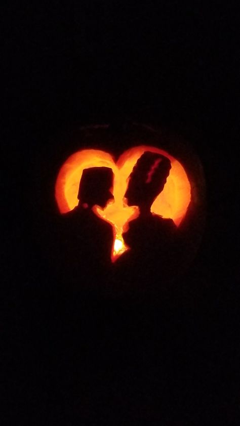 Pumpkin carving of Frankenstein and Bride for Halloween Bride Of Frankenstein Pumpkin Carving, Bride Of Frankenstein Pumpkin, Pumpkin Carving Ideas Frankenstein, Frankenstein Pumpkin, Halloween Pumpkin Designs, Bride Of Frankenstein, Pumpkin Design, Frankenstein, Pumpkin Carving