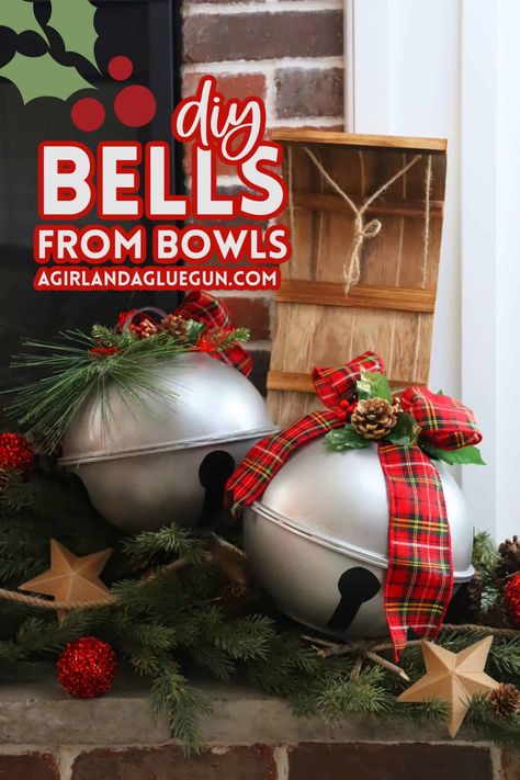 Dollar Store Bells from Bowls - A girl and a glue gun Large Jingle Bell Crafts, Dollar Tree Bell Diy, Diy Giant Christmas Bells, Christmas Crafts Using Jingle Bells, Making Christmas Bells, Ornaments From Dollar Tree Bowls, Diy Christmas Bell Ornaments, Large Christmas Bells Decorations, Diy Jingle Bell Ornaments