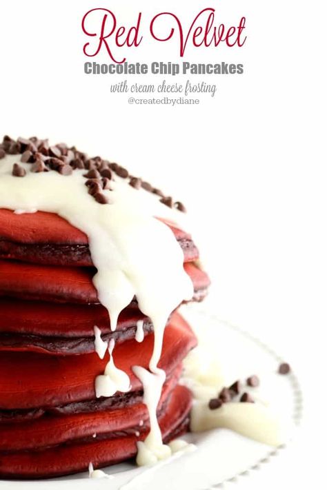 delicious and sweet and tangy and perfect any time of day, these gorgeous red velvet pancakes will wow everyone. Pancakes With Cream Cheese, Pancakes With Cream, Christmas Pancakes, Red Velvet Pancakes, Red Velvet Recipes, Crepe Cakes, Mille Crepe, Cream Cheese Frosting Recipe, Chocolate Chip Pancakes