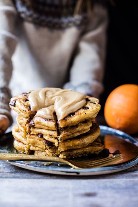 Chocolate Chip Pumpkin Pancakes with Whipped Maple Butter | halfbakedharvest.com @hbharvest Fall Breakfast Party Ideas, Half Baked Harvest Recipes, Maple Butter, Savory Cakes, Pumpkin Pancakes, Harvest Recipes, Tasty Pancakes, Half Baked, Munnar