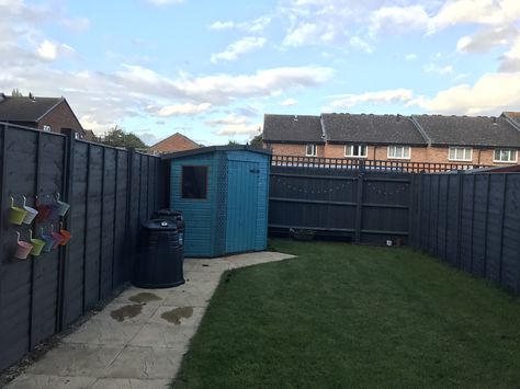 Cuprinol Silver copse fence with beach blue Shed Navy Blue Garden Fence, Blue Garden Fence, Fence Paint Colours, Blue Shed, Blue Fence, Courtyard Ideas, Small Courtyard, Garden Inspo, Small Courtyards