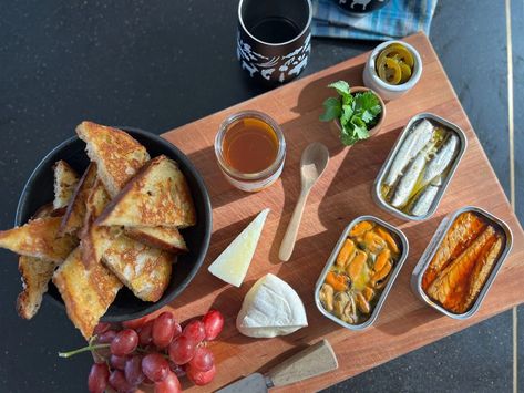 Tin Fish Date Night, Tinned Fish Date Night, Tin Fish Board, Tinned Fish Board, Tinned Fish Recipes, Seafood Charcuterie Board, Date Night Board, Seafood Charcuterie, Patagonia Provisions