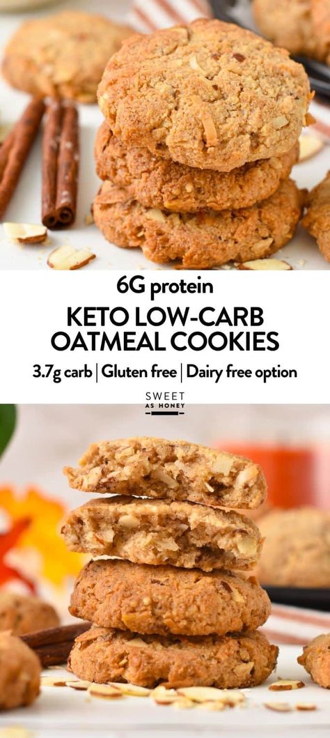 These Keto Oatmeal Cookies are crispy, buttery breakfast cookies with a similar texture as your favorite oatmeal cookies but made with nuts, coconuts, and no oats to keep your blood sugar level steady. Keto Oatmeal Cookies, Low Carb Oatmeal, Oatmeal No Bake Cookies, Keto Oatmeal, Apple Oatmeal Cookies, Oatmeal Cookies Easy, Keto Cakes, Almond Flour Cookies, Sweet As Honey