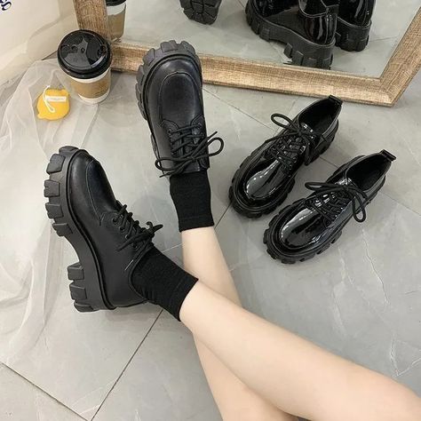 Bolitin Plain Platform Chunky Heel Lace-Up Shoes | YesStyle Pu Boots, Punk Boots, Black Punks, Women Platform Shoes, Oxford Heels, Platform Heels Chunky, Chunky Sneakers, Boots Fall, Thick Heels