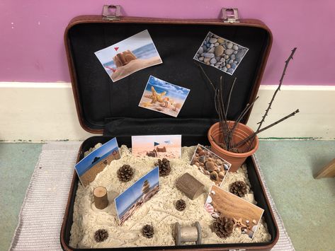 Suitcase Ideas Eyfs, Hygge Eyfs, Numbers Eyfs, Sand Tray Ideas Eyfs, Sand Play Ideas, Reggio Emilia Toddler, Sand Display, Curiosity Approach Eyfs, Playdough Station