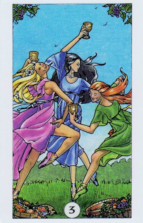 Card of the Day: Three of Cups from Robin Wood Tarot ~ Celebrate life in every moment.  You do not have to be at your destination to celebrate the journey.  Every step along out path can bring cause for joy and happiness.  Rejoice in what you gain from the good as well as the bad. 3 Of Cups, Three Of Cups, Divine Tarot, Sun And Moon Tarot, Cup Tattoo, Cups Tarot, Tarot Cards Art, Tarot Learning, Three Graces