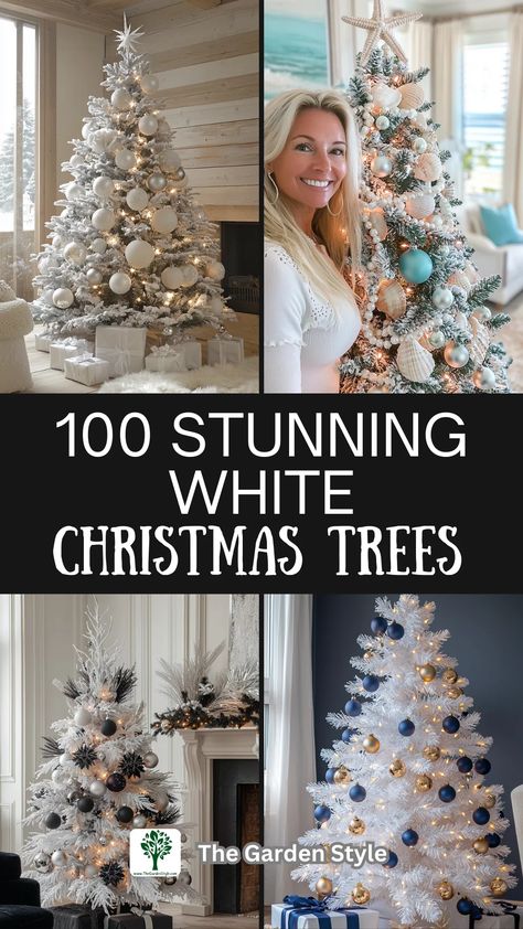 100 White Christmas Tree Ideas To Inspire You - The Garden Style Winter Wonderland Theme Tree, Decorate White Christmas Tree Ideas, Off White Christmas Tree Decor, Snowball Christmas Tree, Decorations For A White Christmas Tree, Rustic White Christmas Tree, White Christmas Tree Decorations Themes, Flocked Tree With White Ornaments, Popular Christmas Tree Themes