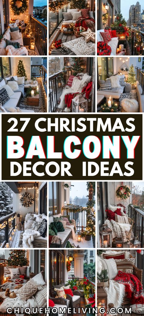 Transform your balcony into a winter wonderland with these 27 Stunning Christmas Balcony Decor Ideas! Whether you’re working with a small space or a sprawling terrace, these ideas bring holiday magic outdoors with twinkling lights, cozy blankets, mini trees, and festive garlands. Perfect for creating a cozy spot to sip hot cocoa or adding curb appeal, these decorations make your balcony shine. From rustic touches with pine cones to elegant touches of red and gold, these ideas will inspire you to The Deck Of My Dreams, Balcony Christmas Lights Apartment, Christmas Patio Decorating Ideas Apartment, Outdoor Balcony Christmas Decor, Small Balcony Christmas Decor, Balcony Christmas Decor Apartment, Apartment Balcony Christmas Decor Ideas, Apartment Patio Christmas Decor, Balcony Christmas Decor Ideas