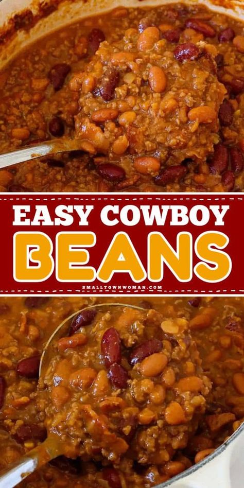 Learn how to make Cowboy Beans! Loaded with ground beef, bacon, and more, this easy family dinner is hearty and tasty. So, grab some pork and beans for this main course recipe! Crock Pot Beans With Bacon, Cowboy Baked Beans With Hamburger Bacon, Cowboy Beans With Sausage, Smoked Sausage Cowboy Beans, Cowboy Beans Crockpot, Cowboy Beans With Hamburger, Crockpot Cowboy Beans, Chuck Wagon Beans, Slow Cooker Cowboy Beans