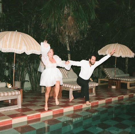 Wedding Photos jumping in pool, Mexico (1)LOCATION // @hotelpanamera (2)PHOTO // @ laurenlucilecreative (3)PLANNING // @honeythymeevents (4)HAIR&MAKEUP // @blissfulmuse.co (5)FLORALS // @seededeventsanddesign Jumping In Pool Wedding, Wedding Pool Jump, Pool Engagement Photos, Pool Wedding Photos, Mexico Engagement Photos, Retro Pool Parties, Charleston Elopement, Retro Pool, Wedding Pool Party