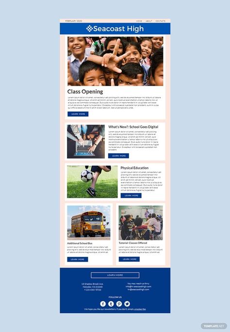 e m a i l  d e s i g n | Different high school news and important events can be published with the use of this High School Newsletter Template. Updating students, parents, and guardians regarding school happenings is very important in a child’s education process. Compatible in all versions of Adobe Photoshop and is free to download.  #emaildesign #emailtemplate News Letter Design Newsletter Templates, School Newsletter Ideas, Internal Newsletter, School Newsletter Template Free, Newsletter Design Templates, Heritage School, Newsletter Template Free, School Newsletter Template, Free Email Templates