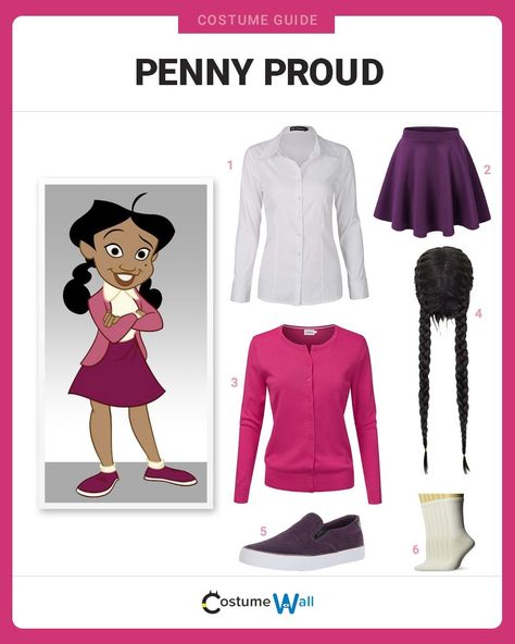 Don’t let your family stand in the way of your dreams when dressed as Penny Proud from the TV show, The Proud Family. Penny Proud Costume, Penny Proud, Slytherin Clothes, Character Day, Throwback Party, Got Costumes, Creative Costume, Spooky Ideas, Movie Character Costumes