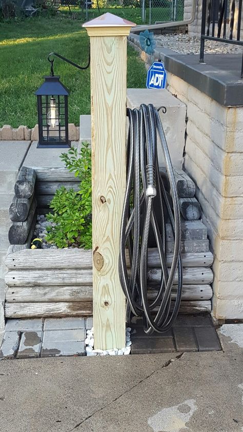 6X6 DIY POST 4x4 Light Post Outdoor Diy, 4x4 Post Projects, 6x6 Post Ideas, Hose Post, Patio Goals, Post Decor, Decorating Front Porch, Garden Hose Storage, Yard Remodel