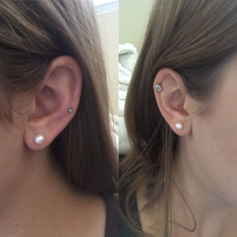 Helix piercing | auricle piercing | midway helix piercing | ear piercing | Opal Auricle Piercing, Helix Piercing, Ear Piercing, Helix, Ear Piercings, Piercings, Opal, Pearl Earrings