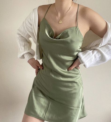 Short Silk Dress Outfit, Green Satin Dress Short, Silk Dress Aesthetic, Green Dress Aesthetic, Satin Dress Outfit, Silk Dresses Outfit, Green Dress Outfit, Green Satin Dress, Light Green Dress