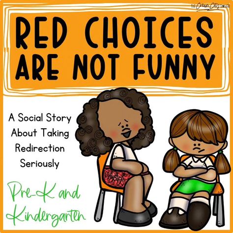 Play-based classroom or not, social stories are game-changers! * I fondly refer to my social story stash as my "arsenal" against undesirable behaviors. * While most of our social stories come from other teachers, I do have a few available in my TPT store. * I created "Red Choices Are Not Funny" with a particular student in mind, but this social story has been helpful with several other kiddos this year. * It helps children understand the importance of taking redirection seriously. * Want to ... Listening Social Story, Accepting No Social Story, Social Emotional Learning Activities Preschoolers, Social Stories Free, Elementary Counselor, Counseling Corner, Social Scripts, Communication Boards, Too Silly