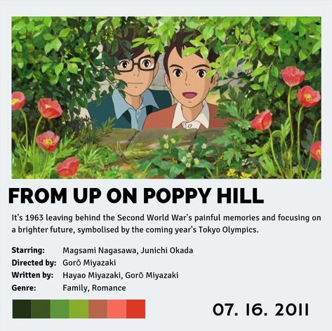 #ghibli #filmpalette #anime Studio Ghibli Color Pallete, Studio Ghibli Colour Palette, Studio Ghibli Color Palette, Ghibli Color Palette, Canva Hack, From Up On Poppy Hill, Poppy Hill, Up On Poppy Hill, Master Studies