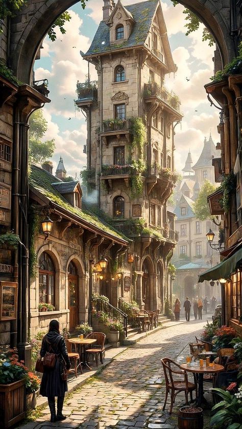 Fantasy Town Square Concept Art, Fantasy City Building, Fantasy City Illustration, Fantasy Cities Art, World Building Aesthetic, Fantasy Town Aesthetic, Dnd City Art, Fantasy City Street, Town Fantasy Art