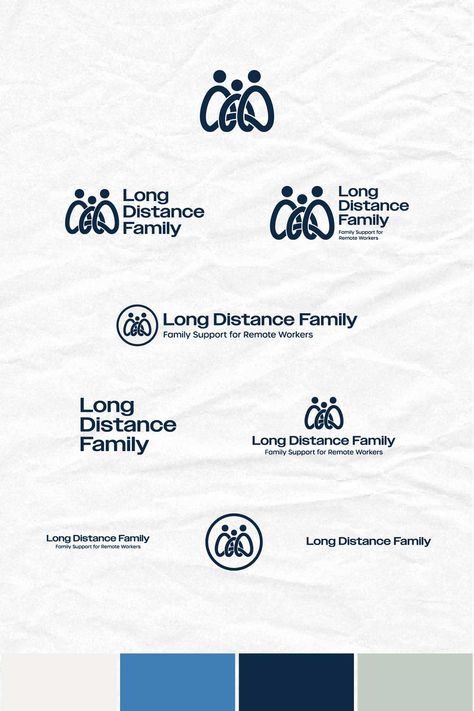 Logo suite for a brand development project for Long-Distance Family - a company offering family support and resources for remote workers. Logomark, wordmark, primary logo, secondary logo, horizontal logo, tagline. Professional, mature, modern, clean, crisp, established, recognizable, distinctive, distinguished. Welcoming, friendly, caring, compassionate, family, connection. Cool, crisp, trendy colors. Logo Placement Ideas, Long Logo Design Typography, Long Name Branding, Primary And Secondary Logo, Logo Suite Design, Logo Variations Branding, Long Name Logo, Monarch Logo, Non Profit Logo