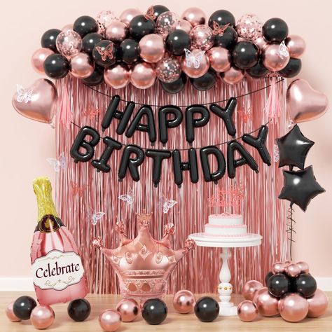 PRICES MAY VARY. What You Receive:Our black and rose gold birthday decorations includes 10inch metallic rose gold balloonsx25, 10inch black balloonsx25, 12inch rose gold confetti balloonsx6, cake topperx1, butterfly party decorationsx12(goldx6, silverx6), happy birthday balloonsrx1, fringe curtainx2, foil balloonx6, ribbonx1, glue dotsx100, decorative stripx1 All Inclusive Birthday Decorations:The black and rose gold happy birthday decor is an all inclusive package featuring balloons, happy birt 50th Birthday Women Decorations, 30 Th Birthday Party Ideas For Women Decoration, Black Theme Birthday Decoration, Birthday Theme Ideas For Women, Birthday Black Theme, Black And Rose Gold Party Decorations, Rose Gold And Black Party Theme, Dirty 30 Birthday Party Ideas For Women, Classy Birthday Decorations