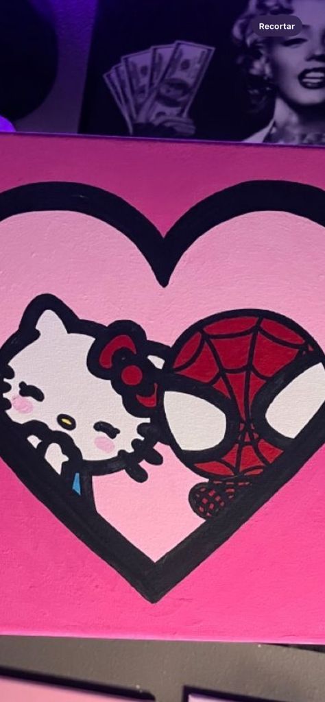 Hello Kitty And Batman Painting, Spider Man Painting Easy, Hello Kitty Painting, Spiderman Painting, Batman Painting, Easy Canvas, Easy Canvas Art, Painting Ideas, Painting & Drawing