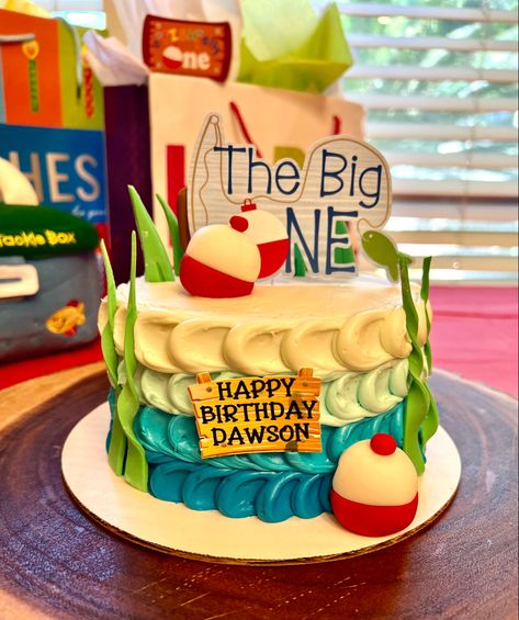 The Big One Fishing Birthday Cake Smash, Ofishally One Birthday Cupcakes, Fishing One Year Old Birthday, Lake First Birthday Party, Fishing Birthday Party Cake, The Big One Fishing Birthday Cake, Fishing Smash Cake 1st Birthdays, Oh Fishally One Birthday Cake, Ofishally One Smash Cake