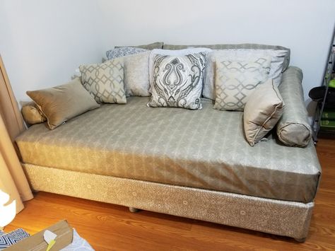 The new day bed inspired by a post. Wonderful in my new full room closet emergency guest room she-shack Full Room Closet, Turn Bed Into Couch, Bed As A Couch Ideas, Day Bed Couch Living Room, Leaving Room Ideas, Twin Bed Couch, Daybed In Living Room, Small Tv Room, Bed Inspired