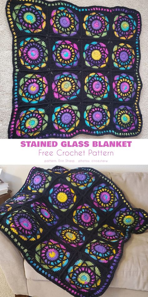 Fantastic Stained Glass Square Free Crochet Patterns Blanket Yarn Free Crochet Patterns, Crochet Stained Glass Square, Eclipse Crochet Pattern, Picture Crochet Patterns, Stained Glass Crochet Square, Mandala Crochet Square, Witchy Granny Square Pattern, Crochet Sun Granny Square Free Pattern, Glow Yarn Projects