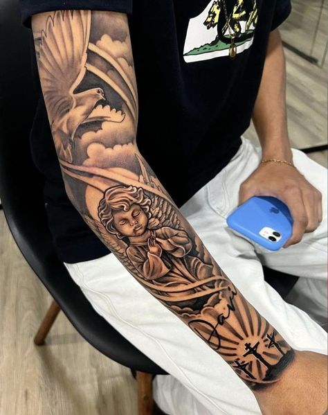 Memorial Bicep Tattoo Men, Religious Sleeve Tattoo Men, Loved One Tattoo Passed Sleeve, Religious Forearm Tattoo, Christian Sleeve Tattoo Men, Forearm Tattoo Men Sleeve Clouds, Outer Forearm Tattoo Men Half Sleeves, Religious Sleeve Tattoos, Rip Tattoos For Men