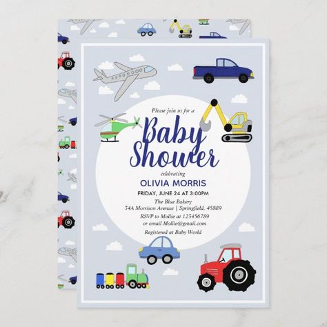 Baby Boy Cute Blue Car Train Transport Baby Shower Invitation Modern Baby Announcement, Baby Boy Shower Invitations, Virtual Baby Shower Invitation, Boy Shower Invitations, Train Theme, Virtual Baby Shower, Blue Car, Unique Baby Shower, Baby Shower Invitations For Boys