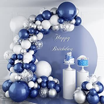 144PCS Navy Blue Silver Balloons Garland Kit, 18 12 10 5 inch Blue White Balloons and Silver Confetti Balloon Garland, Navy Silver White Balloons for Graduation Birthday Baby Shower Wedding Party Blue Silver Balloons, Silver Balloons, Balloons Arch, Garland Arch, Arch Kit, Arch, Balloons, Navy Blue, Birthday Party