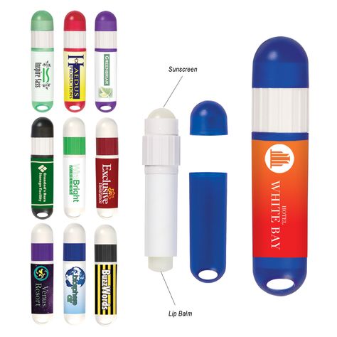 #9068 Lip Balm And Sunstick - Hit Promotional Products Sun Ideas, Sunburn Skin, Personalized Lip Balm, Trade Show Giveaways, Eos Lip Balm, Sunscreen Stick, Suntan Lotion, Promo Items, Club Color