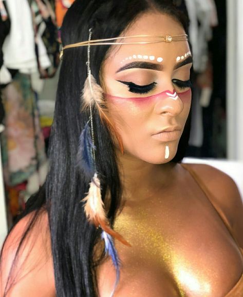 Trible Makeup Look, Indian Makeup Costume, Native American Indian Women Costume Diy, Indian Halloween Costume For Women, Pocahontas Makeup, Native American Makeup, Halloween Indian, Indian Halloween Costumes, Warrior Makeup