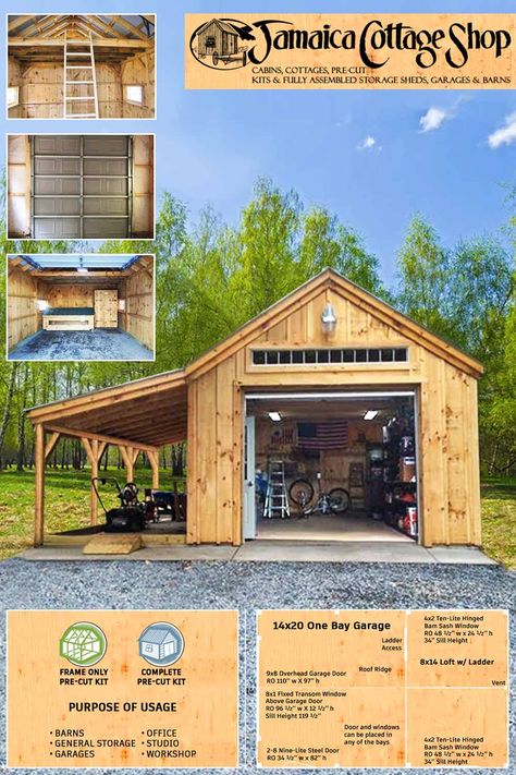 ★★★★★ Rudy Pardo August 25, 2020 Fast shipping & shipped to protect the items. Would recommend this shop to anyone. The space of 14'x24'  One Bay Garage creates room for your cars, wide workshop, & barns with enough room for tack & grain while the standard full loft makes great hay storage. #garage #customgarages #homeoffice #jcs #madevermont #vermont #woodsheds #jamaicacottageshop #sheds #ecofriendlyliving #minimalistliving #workshop #onebaygarage Check out our "One Bay Garage" spec sheet here: Detached Garage Hangout, Garage And Workshop Plans, Small Garage Building Ideas, Backyard Shop Ideas Garages, Backyard Wood Shop, Building A Shop On A Budget, Out Building Ideas Garages, Wooden Garage Ideas, Barn Storage Shed