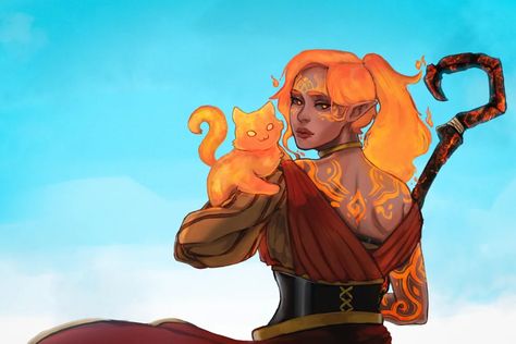 [RF] Ashelyn "Ashe" Meiru Wildfire druid for u/LocalCryptid935 : characterdrawing Wildfire Druid, Fire Genasi, Dnd Druid, Pathfinder Character, D D Character Ideas, Rpg Characters, Dungeons And Dragons Characters, Arte Fantasy, Animal Companions