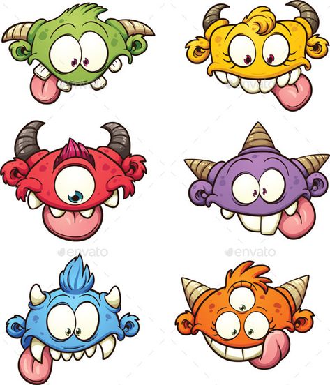 Colourful cartoon monster heads. Vector clip art illustration with simple gradients. Each on a separate layer. EPS10 file included Cute Monster Illustration, Cartoon Faces Expressions, Cute Monsters Drawings, Doodle Monster, Doodle Characters, Illustration Mignonne, Monster Drawing, Graffiti Doodles, Monster Illustration