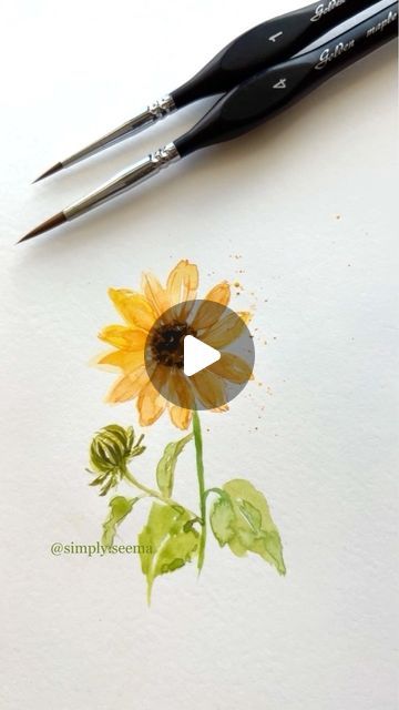 Simple Watercolor Sunflower, Watercolor Sunflower Tutorial, Watercolour Sunflower, Sunflower Watercolor Painting, Sunflower Leaves, Sunflower Watercolor, Watercolor Sunflowers, Planting Sunflowers, Watercolor Tutorials